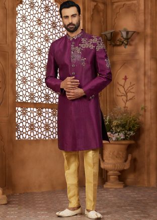Purple Embroidered Indo Western Sherwani Set