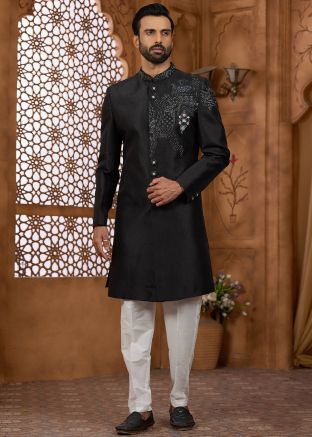 Black Embroidered Indo Western Sherwani Set For Men