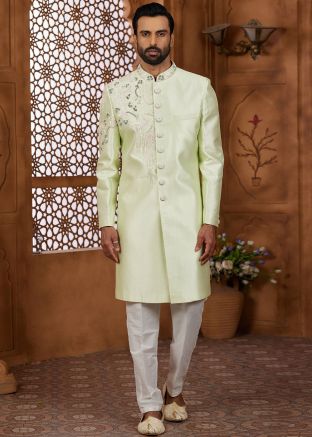Pista Green Men Embroidered Indo Western Sherwani