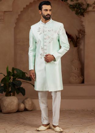 Mint Green Embroidered Indo Western Sherwani Set
