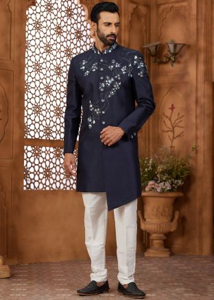 Navy Blue Embellished Asymmetric Indo Western Sherwani