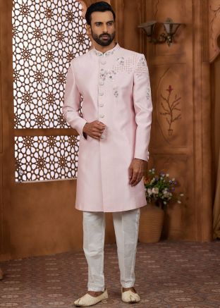 Peach Embellished Men Indo Western Sherwani