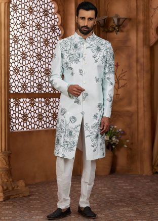 Mint Blue Floral Print Indo Western Sherwani
