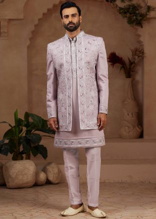 Mauve Purple Embroidered Jacket Style Indo Western Sherwani