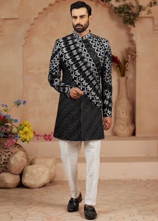 Black Embroidered Velvet Indo Western Sherwani