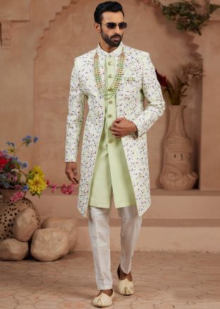 Off White & Green Digital Print Indo Western Sherwani