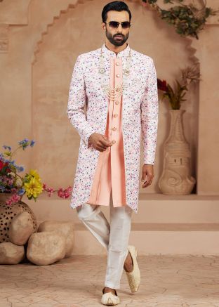 Off White & Peach Digital Print Indo Western Sherwani