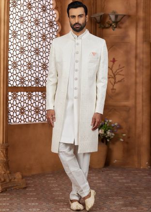 Off White Embroidered Jacket Style Indo Western Sherwani