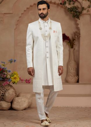 Off White Embroidered Jacket Style Indo Western Sherwani