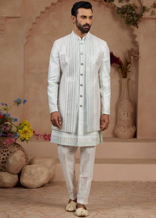 Sky Blue Embellished Jacket Style Indo Western Sherwani