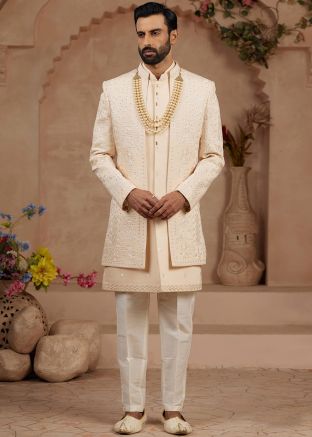Light Beige Embroidered Jacket Style Indo Western Sherwani