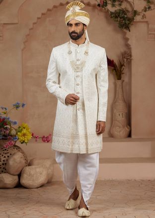 Cream Embellished Sherwani With Dhoti