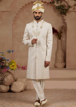 Cream Embroidered Groom Sherwani Set