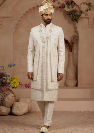Cream Embroidered Sherwani Set For Groom