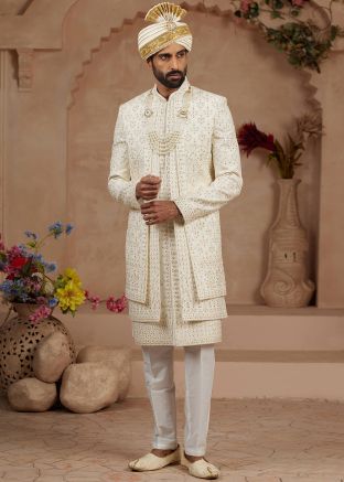 Cream Readymade Groom Embroidered Sherwani Set