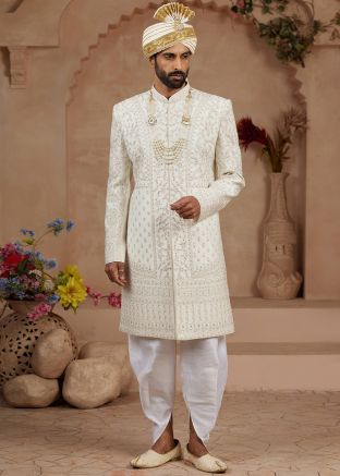 Cream Readymade Groom Embroidered Sherwani Set