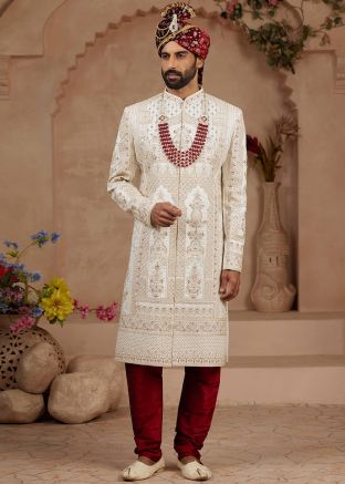 Cream Embroidered Sherwani Set For Groom