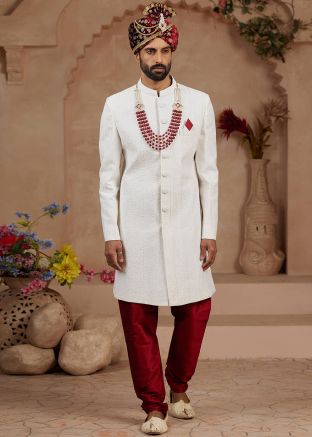 Off White Embroidered Sherwani Set For Groom