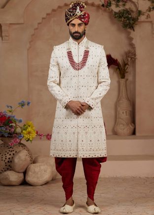 Cream Embroidered Sherwani Set For Groom