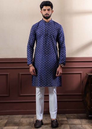 Blue Woven Men Kurta Pajama In Cotton