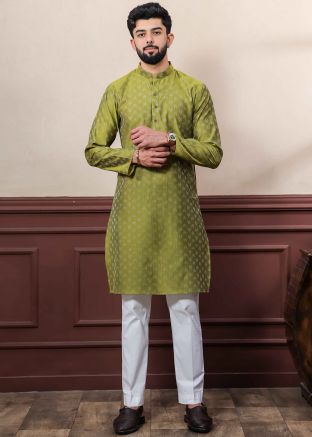 Mehendi Green Woven Men Kurta Pajama