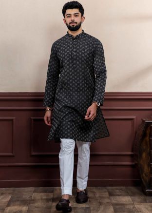 Black Woven Men Kurta Pajama In Cotton