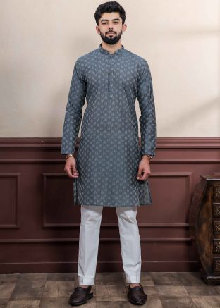 Readymade Grey Woven Men Kurta Pajama In Cotton