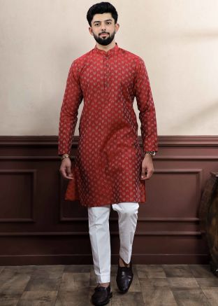 Maroon Woven Men Kurta Pajama In Cotton