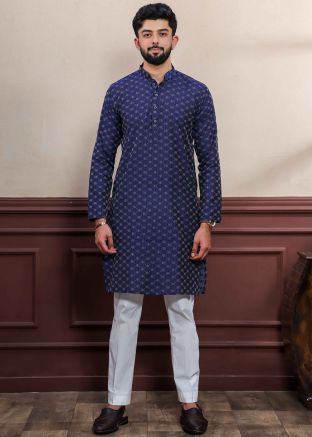 Navy Blue Woven Men Readymade Kurta Pajama