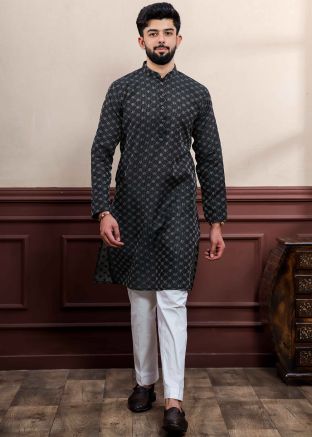 Black Woven Men Kurta Pajama In Cotton