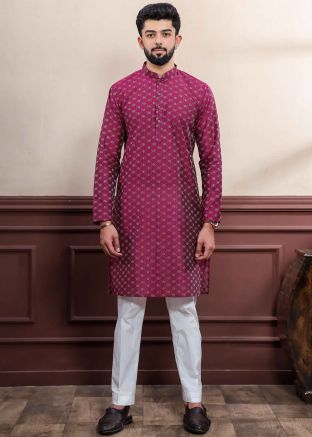 Purple Woven Readymade Kurta Pajama In Cotton