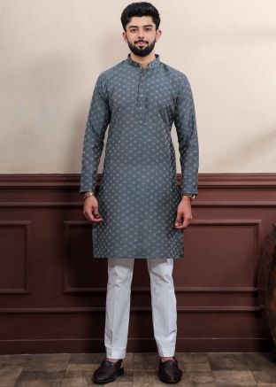 Grey Woven Men Kurta Pajama In Cotton