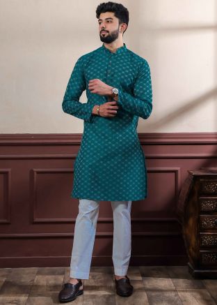 Teal Blue Woven Cotton Kurta Pajama For Men