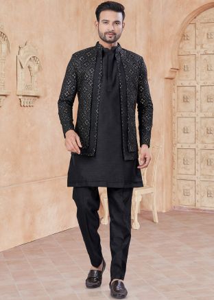 Black Embroidered Men Jacket Style Kurta Pajama