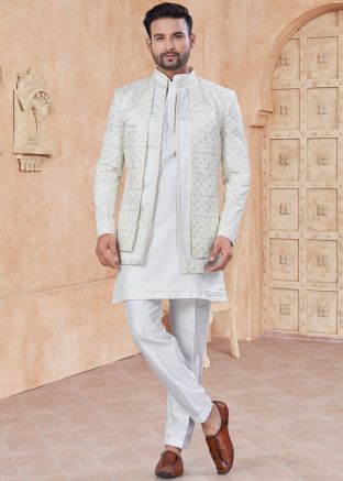 White Embellished Jacket Style Kurta With Pajama