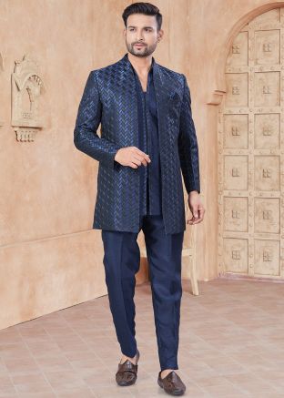 Navy Blue Embroidered Indo Western Suit