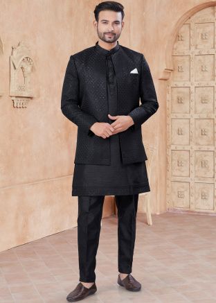 Black Embroidered Men Jacket Style Kurta Pajama