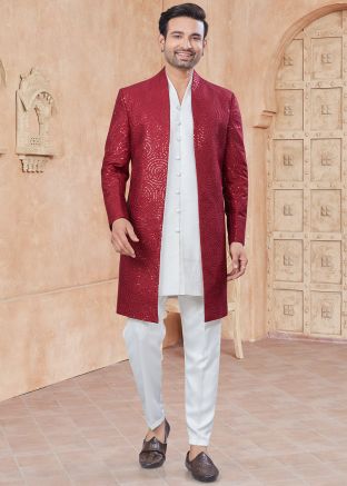 White Embellished Indo Western Shewani Set