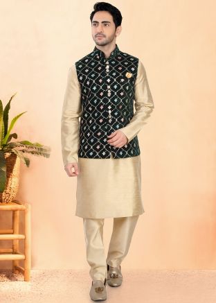 Golden Embroidered Kurta Pajama With Nehru Jacket