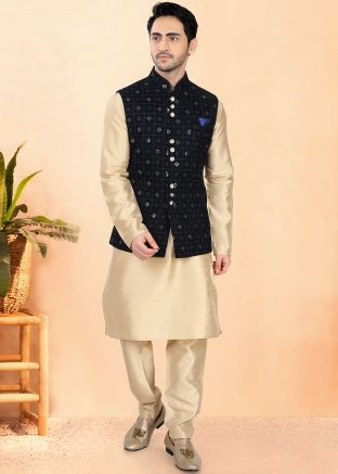 Golden Embroidered Men Kurta Pajama