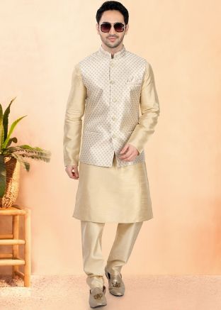 Golden Kurta Pajama With Nehru Jacket In Jacquard