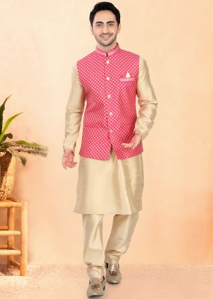 Golden Kurta Pajama With Woven Nehru Jacket