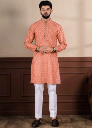 Peach Bandhej Print Kurta Pajama In Cotton