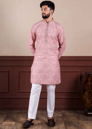 Pink Printed Cotton Kurta Pajama