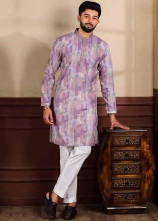 Purple Mens Printed Kurta Pajama