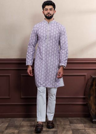 Purple Printed Men Kurta Pajama