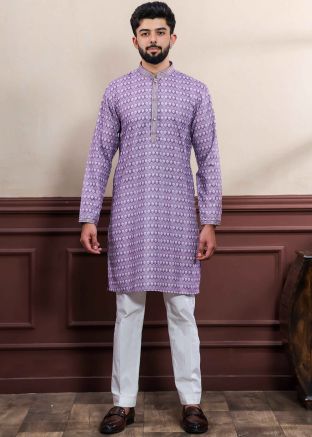 Purple Printed Men Kurta Pajama