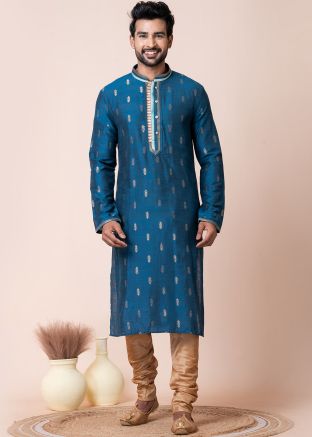 Teal Blue Zari Woven Men Kurta Pajama