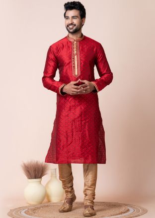 Red Woven Men Kurta Pajama In Silk