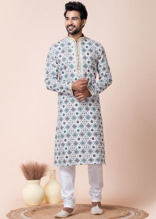 White Readymade Printed Kurta Pajama Set